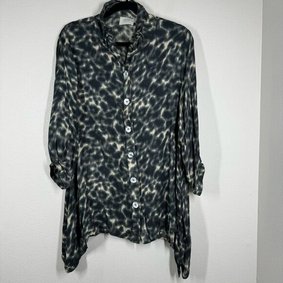 INAE Collection Button Up Blouse Ruffled Collar Long Sleeve Black Cream Large - Picture 1 of 7